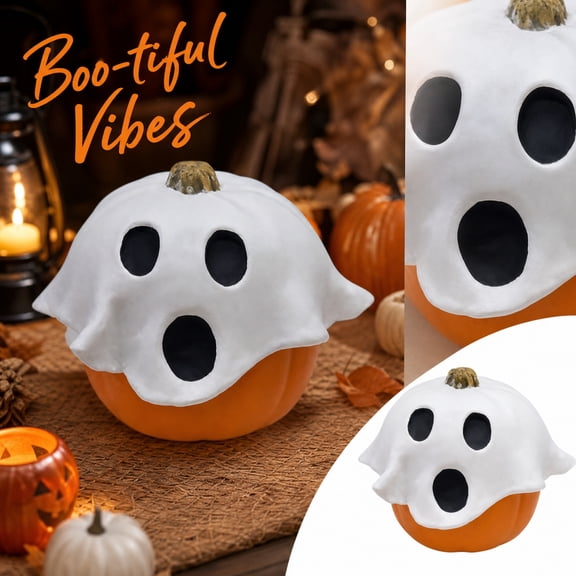 Halloween Ghost Cover Pumpkin Decor, Spooky Ghost Face Pumpkin Statue, Fall Harvest Tabletop Halloween Decorations for Home Party