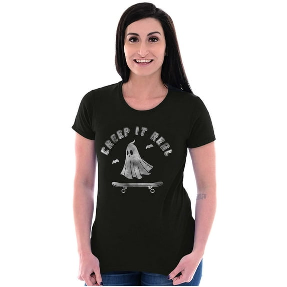 Halloween Ghost Creep It Real Skater Womens Slim Fit Graphic Tee Brisco Brands M