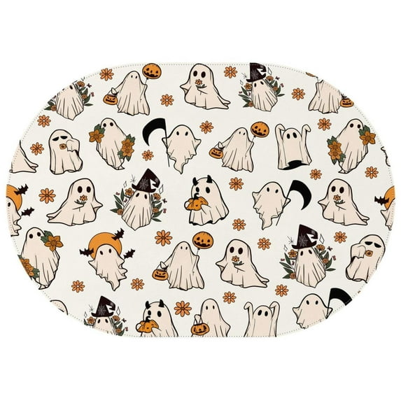 Halloween Ghost Cute Flower Spooky Table Cloth, Water Resistant Tablecloths Spill-Proof Table Covers for Dining Room Parties Holiday Dinner, Wipeable Tabletop Cover Kitchen Oval 60x84 Inch