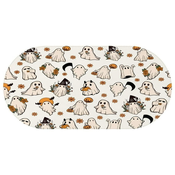 Halloween Ghost Cute Flower Spooky Table Cloth Waterproof Oval Tablecloth Spill-Proof Table Covers for Parties Holiday Dinner Heavy Weight Tabletop Cover Kitchen 60x120 Inch