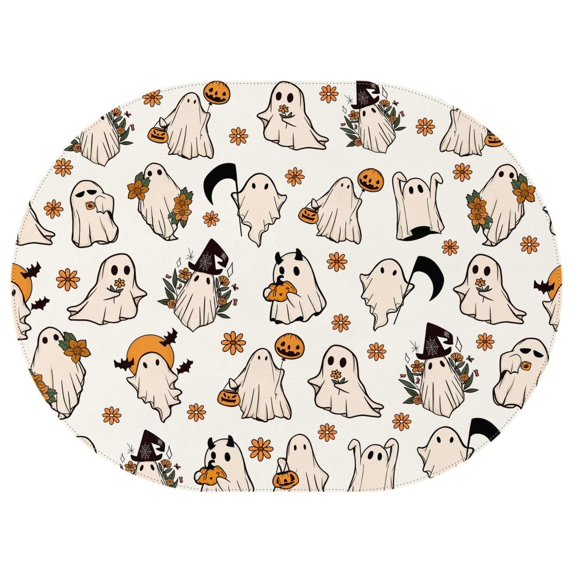 Halloween Ghost Cute Flower Spooky Table Cloth, Waterproof Tablecloth Oil-Proof Table Covers for Dining Room Parties Holiday Dinner, Oval Tabletop Cover Kitchen 54x72 Inch