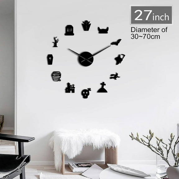 Halloween Ghost DIY Oversized Wall Clock Silent Graveyard Skull Bat Witch Outline Cosplay Party Home Decor Frameless Time Clock(Black,27inch)