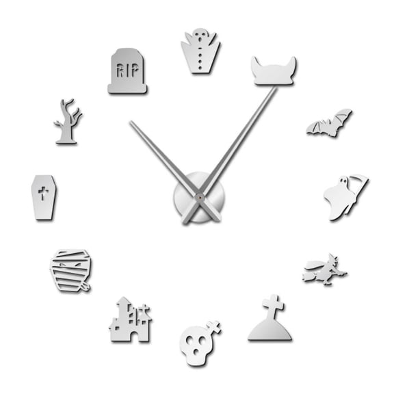 Halloween Ghost DIY Oversized Wall Clock Silent Graveyard Skull Bat Witch Outline Cosplay Party Home Decor Frameless Time Clock(Silver,27inch)