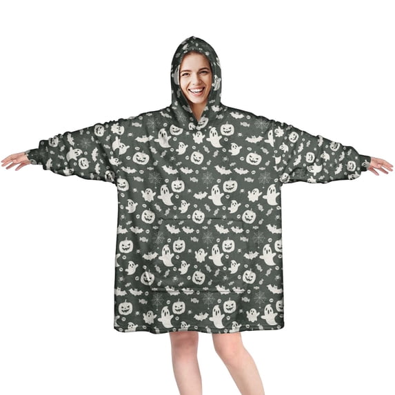 Halloween Ghost Darkgreen Wearable Blanket Hoodie, Flannel Oversized Blanket Hoodies with Sleeves & with Sleeves & Pockets, Cute Gifts Ideas for Wife Son Mom Husband Daughter