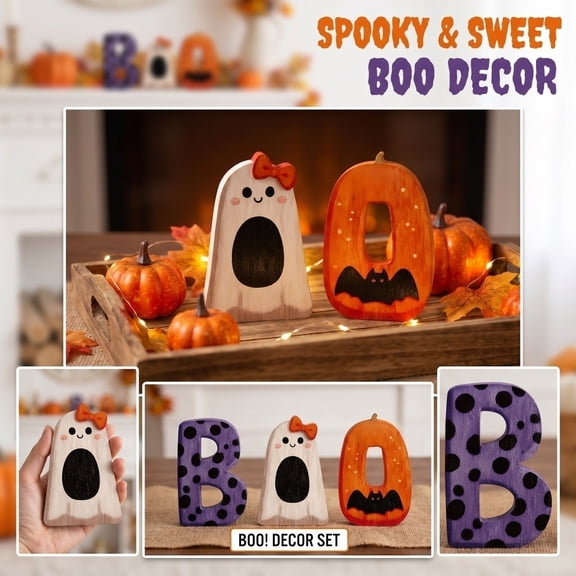 Halloween Ghost Decor, 3-In-1 Wooden Boo Letter Halloween Table Decoration, for Apartment Entryway Office Desktop Decoration, Thoughtful Halloween Host Gift, Premium Solid Wood,