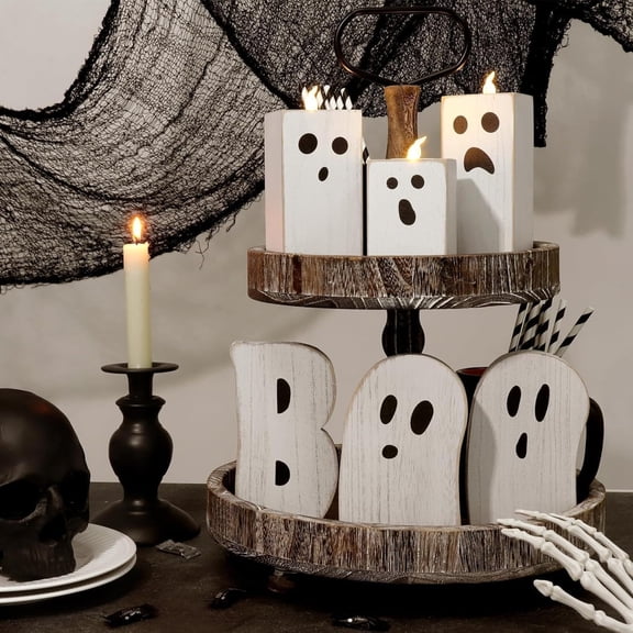 Halloween Ghost Decor 3 Piece Wooden Candle Holders Light Up Spooky Halloween Decorations for Home Indoor Mantel Party Table Display Set