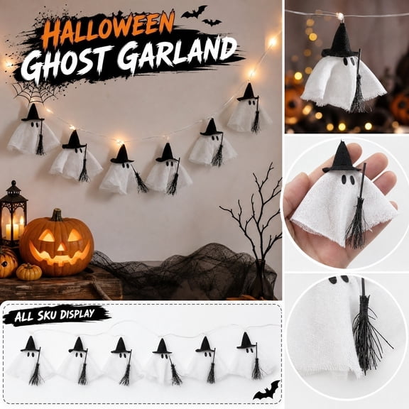 Halloween Ghost Decor, 5 Pcs Spooky Lit Witch Ghost String Lights Battery Operated, Light up Ghost Garland, for Mantle, Fireplace, Window, Porch, Party Indoor Outdoor Decor