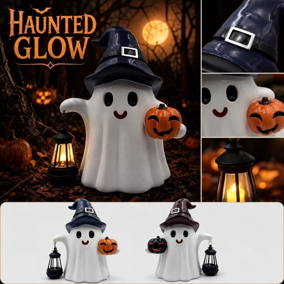 Halloween Ghost Decor, 9.8 Inch Solar Garden Statues Outdoor Resin Craft Home Decor Creative Desktop Ornament with Solar Powered LED Lights for Patio Yard Decoration Housewarming Gift Ideas, 1Pack A