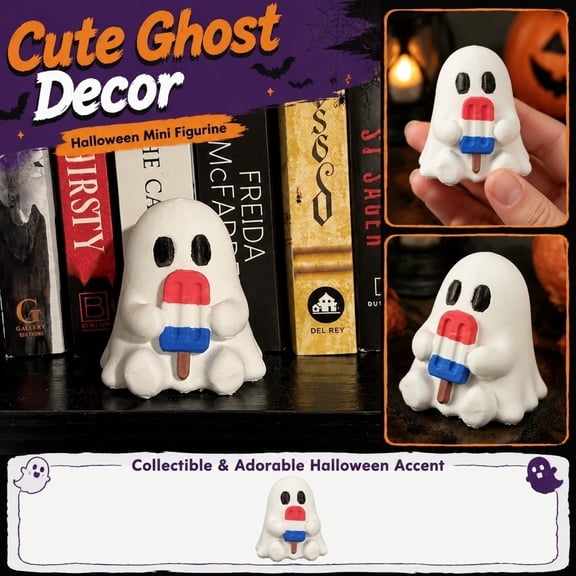 Halloween Ghost Decor, Halloween Home Decor, Ghost Decor, Mini Ghost Figurine, 2X2 Inch Cute Sitting Ghost Holding Popsicle Statue, Charming Little Accent Piece for Cozy Halloween