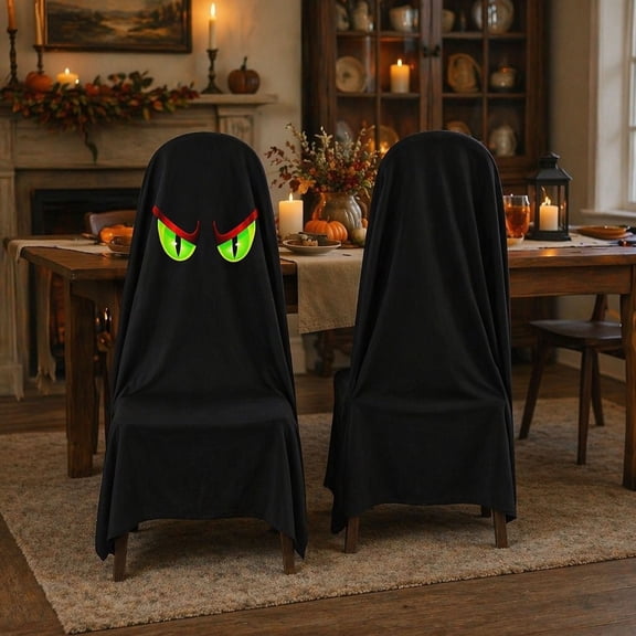 Halloween Ghost Decor,Halloween Party Decorations,Halloween Chair Covers Ghost Print Party Chair Back Covers Spooky Masquerade Dining Chair Decorations for Party Table Decor(Black-C 80*47IN)