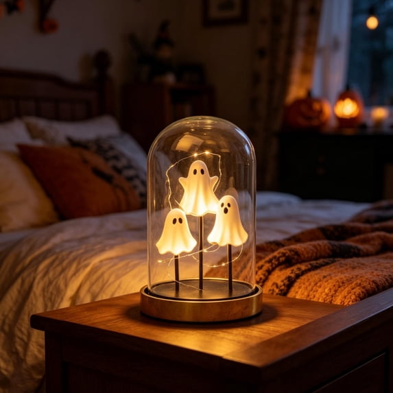 Halloween Ghost Decor Light with Clear Cover, 3 Mini Ghost Figurines Light Up Dome Lamp, Light Up Ghost in Glass Cloche Decor for Indoor Party Home Table Room Kitchen Fireplace Decorations (B)