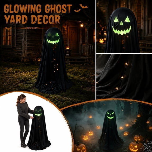 Halloween Ghost Decor, Spooky Halloween Decor Black Ghost Standing Ornament with Luminous Jagged Smile Triangular Eye Face and Warm Fairy Lights on Extendable 65-120Cm Telescoping