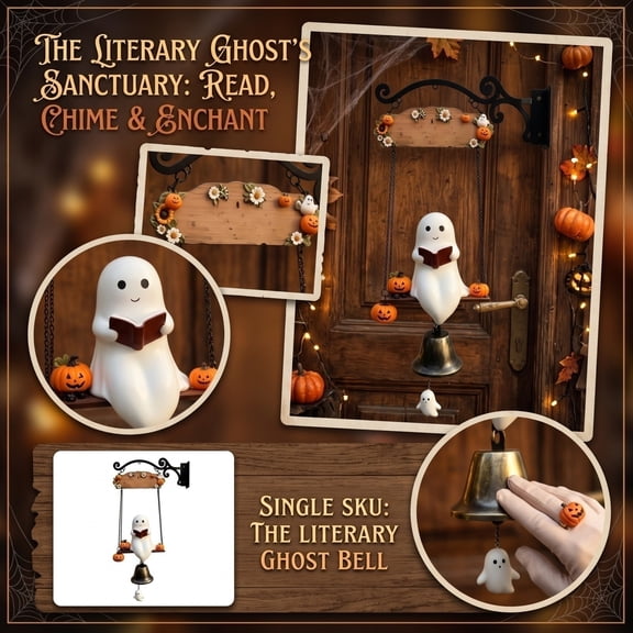 Halloween Ghost Decor Spooky Hanging Door Bell with Cute Ghost Reading on Swing Jack O Lantern Accents for Halloween Porch Decor Fall Home Display 1 Pack