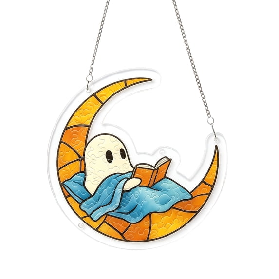 Halloween Ghost Decor Stained Glass Style 8 Inch Hanging Acrylic Ornament for Home Window Wall Party Indoor Display, 1 Pack