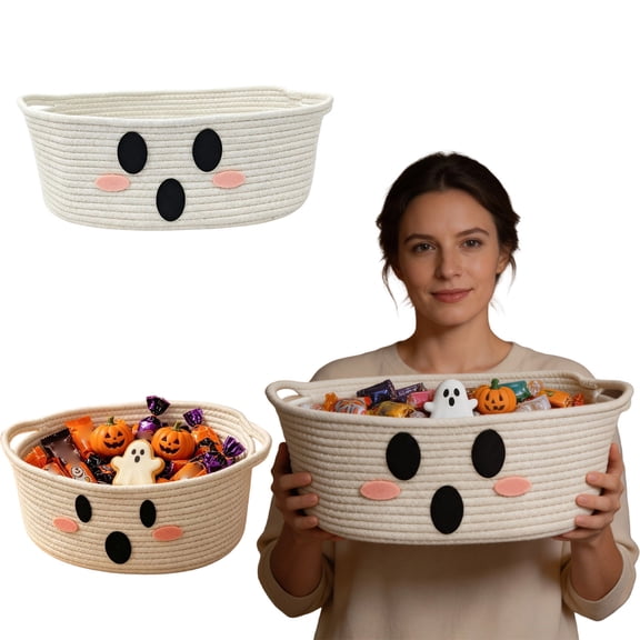 Halloween Ghost Decor Woven Cotton Rope Basket with Handle, Spooky Storage Bin for Home Party, Cute Trick Or Treat Bucket