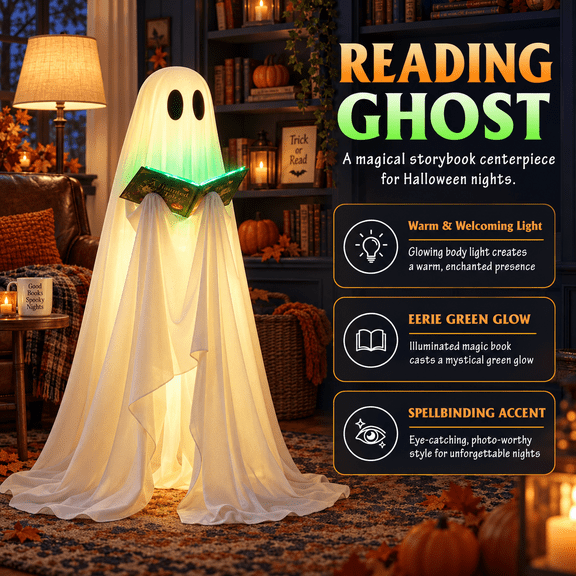 Halloween Ghost Decoration,53 inch,with Witch Hat and Book,8 Lighting Modes Standing Reading Ghost,16 FT String lights,Magic Book With green Lighting, Indoor/Outdoor Decor