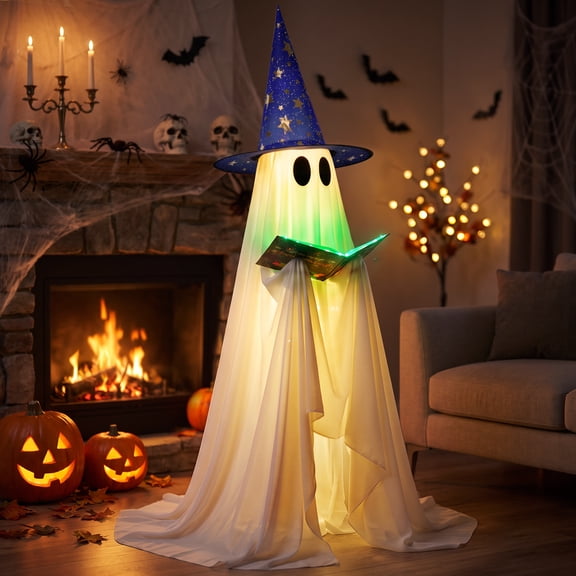 Halloween Ghost Decoration,53 inch,with Witch Hat and Book,8 Lighting Modes Standing Reading Ghost,16 FT String lights,Magic Book With green Lighting, Indoor/Outdoor Decor
