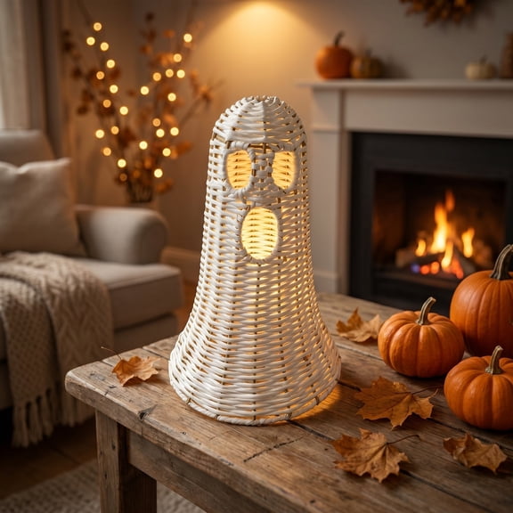Halloween Ghost Decoration Basket, Handmade Woven Ghost Storage Basket Ornament for Tabletop Home Decor, Creative Holiday Candy Container Lampshade Display for Party Shelf Desk Decoration