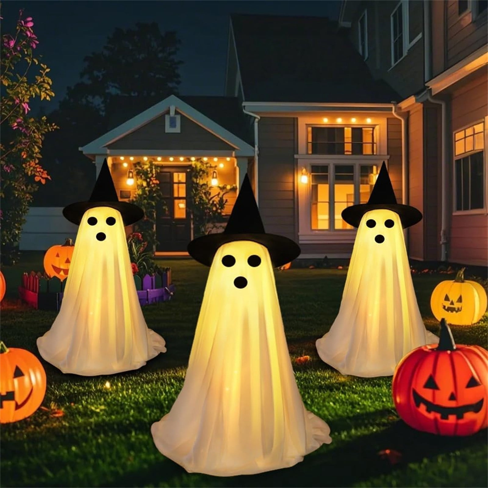 Halloween Ghost Decoration with Witch Hat - LED Spooky Ghost Decoration