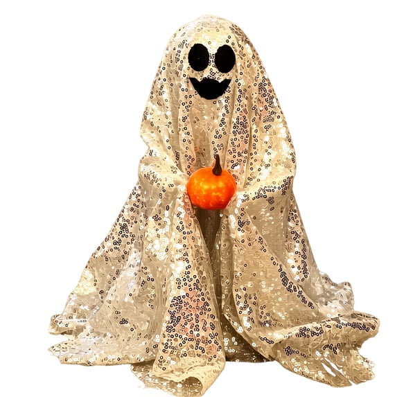 Halloween Ghost Decorations 13 Inch Sequined Cute Seated Ghost Holding Pumpkin for Indoor Outdoor Halloween Party Home Display