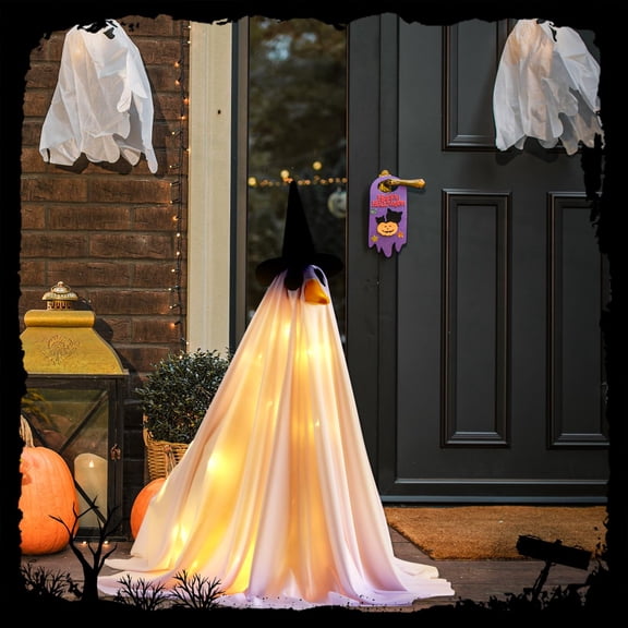 Halloween Ghost Decorations 31 Inch Standing Ghost Porch Goose Outfit with String Lights Large Halloween Decorations Outdoor for Yard Lawn Front Porch Halloween Party Decor 2