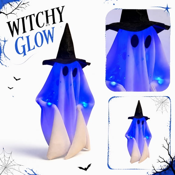 Halloween Ghost Decorations, Animated Talking Walking Light Up Ghost with Witch Hat, for Indoor Outdoor Halloween Party Yard Porch Display, Novelty Holiday Gift, Soft Fabric
