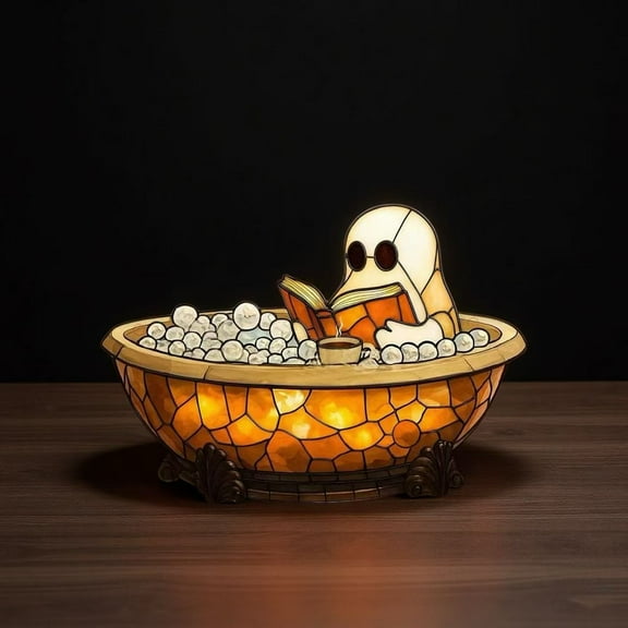 Halloween Ghost Decorations with LED Light,Ghost Reading Book in Bathtub Lamp,6.7" Resin Tabletop Centerpiece for Fireplace,Shelf,Desk,USB Powered Witch Decor,Vintage Stained Glass Effect