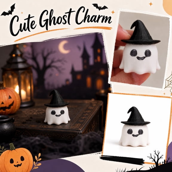 Halloween Ghost Decorations, Mini Ghost Figurines, Cute Ghost Decor, Witch Hat Decor, Whimsical Smooth-Finish Smiling Ghost Statue with Pointed Black Witch Hat for Indoor Accent
