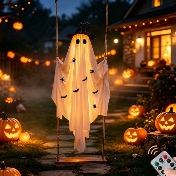 Halloween Ghost Decorations Outdoor, 4.9FT Hanging Swing Ghost with Witch Hat LED Lights & Remote Control, 8 Lighting Modes Waterproof Battery Box for Halloween Party Tree Porch Yard Garden Lawn