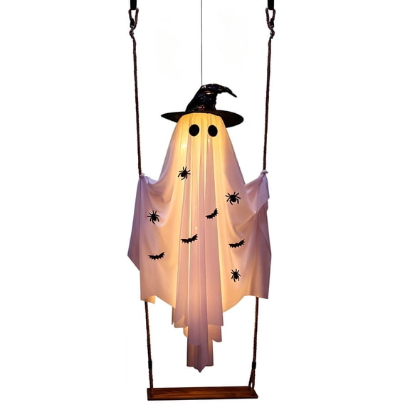Halloween Ghost Decorations Outdoor, 4.9FT Hanging Swing Ghost with Witch Hat LED Lights & Remote Control, 8 Lighting Modes Waterproof Battery Box for Halloween Party Tree Porch Yard Garden Lawn