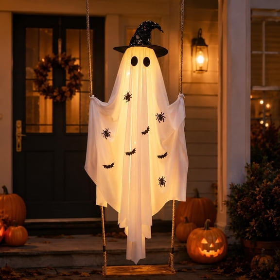 Halloween Decorations for Outdoor, 4.9FT Hanging Swing Ghost with Witch Hat LED Lights & Remote Control, 8 Lighting Modes Waterproof Battery Box for Halloween Party Tree Porch Yard Garden Lawn