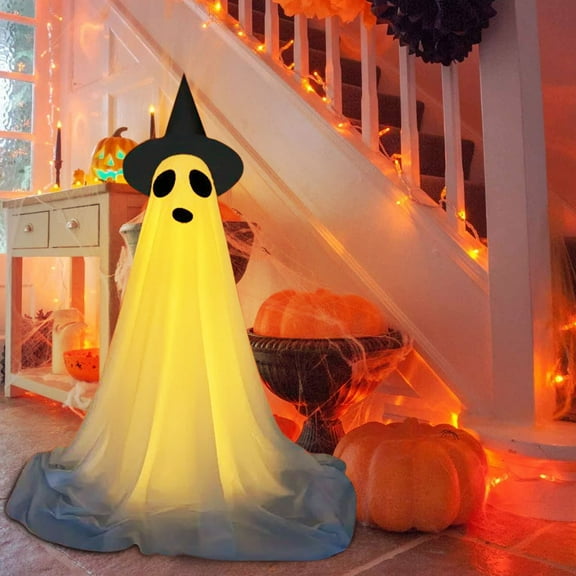 Halloween Ghost Decorations Outdoor Scalable Light up Ghost with Remote Control,Large Standing Spooky LED Lights Ghost with Witch Hat for Outside Garden Yard Patio Lawn Front Door Porch