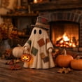 thumbnail image 1 of Halloween Ghost Decorations, Patchwork Linen Ghost Figurine with Top Hat, Light Up Jack-O-Lantern Halloween Ghost Decor, 10X6X5 Inch Large Standing Halloween Ghost, Vintage Rustic, 1 of 7