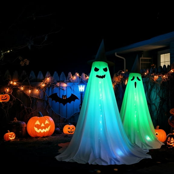 Halloween Ghost Decorations with LED Lights, 59-inch Tall, 18 Lighting Modes, 7 Colors, 2-Pack