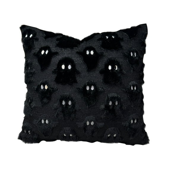 Halloween Ghost Decorative Pillow Covers 18x18, Black Soft Plush Faux Fur Farmhouse Throw Cushion Cases for Fall Autumn Holiday Home Decorations