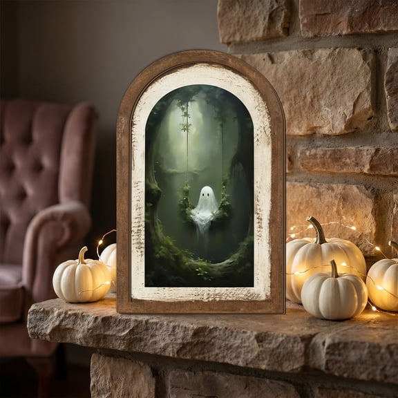 Halloween Ghost Decorative Sign Wooden Double Layer Arch Door Frame Ornament Wall Hanging Tabletop Decor