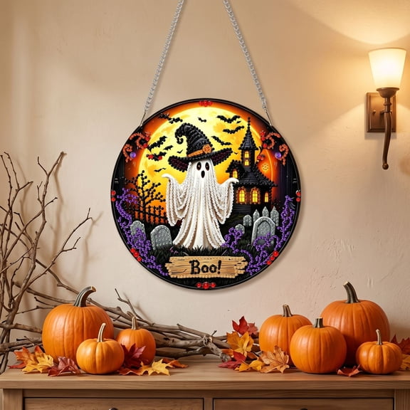Halloween Ghost Diamond Art Hanging Sign, DIY Rhinestone Round Wood Decor with Witch Hat & Bats, Sparkly Spooky Ornament for Windows & Doors