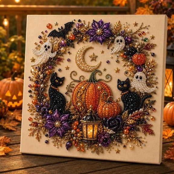 Halloween Ghost Diamond Art Kit, Pearl Diamond Painting Kit for Adults, DIY Craft Set with Crystal Beads, 5D Diamond Art Painting Canvas, Cute Ghost Halloween Decor, Arts and Crafts Supplies for Home