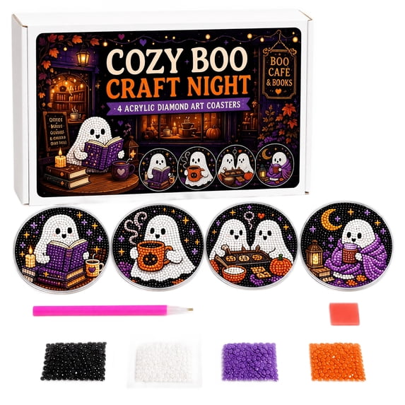Halloween Ghost Diamond Painting Coaster Kit,DIY Rhinestone Art Craft Set for Adults,Spooky Handmade Coasters in Gift Box,Halloween Table Decor Gift 3.9*3.9 Inch,4PC