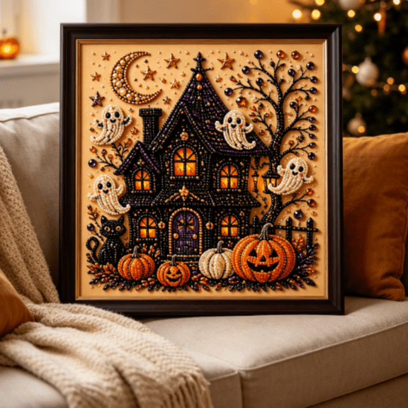 Halloween Ghost Diamond Painting Kit with Frame DIY Crystal Art Canvas Craft Set for Adults and Teens Home Wall Decor, Beginner DIY Seasonal Party Gift(Castle Ghost)