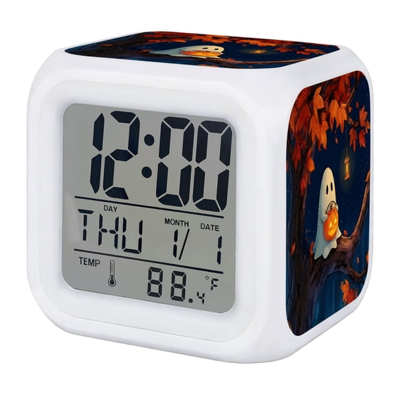 Halloween Ghost Digital Alarm Clock for Bedrooms,Smart LED Alarm Clock with 7 Color Changing Night Light,Horror Pumpkin Light Maple Leaves Tree Silent Wake Up Clocks for Sleep Study Cooking 3.2"x3.2"
