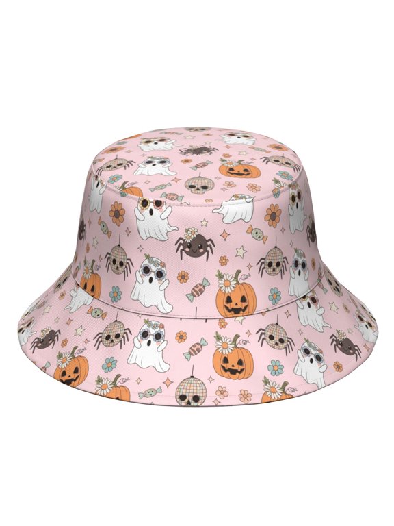Halloween Ghost Disco Spider Pink Pattern Bucket Hat, Beach Bucket Hat with Wide Brim & Breathable Fabric, Foldable Design Gifts for Hiking Camping Fishing Beach