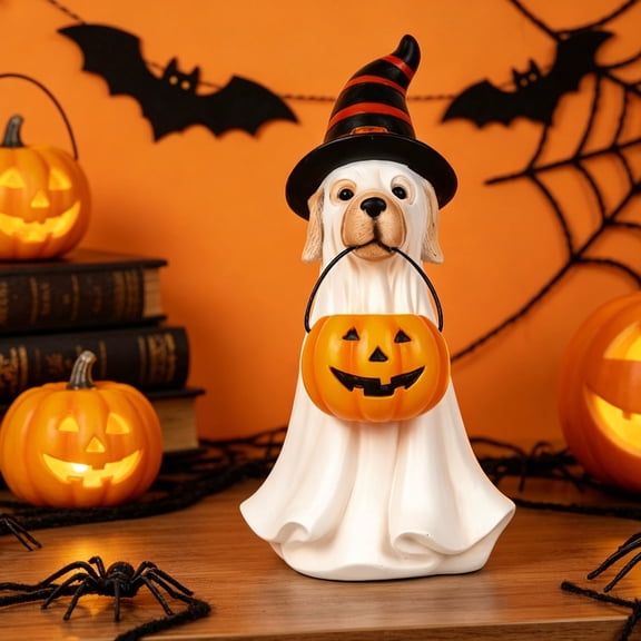 Halloween Ghost Dog Cat Figurine With Witch Hat And Pumpkin Bucket Resin Desktop Statue For Bar Table Home Party