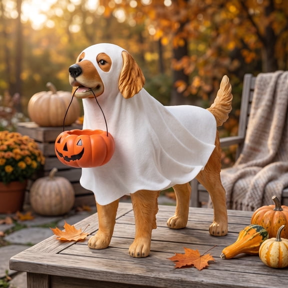 Halloween Ghost Dog Figurine with Pumpkin Candy Bowl Outdoor Golden Figurine for Halloween Table Decor Indoor Mantel Entryway Holiday Halloween Decor