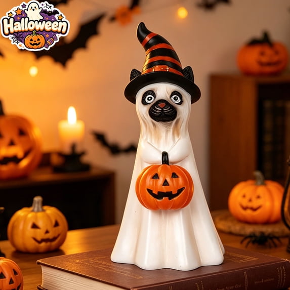Halloween Ghost Dog Resin Figurine, Witch Hat Puppy Statue with Jack O Lantern Pumpkin Bucket, Spooky Desktop Ornament, Halloween Decorations, Indoor Covered Outdoor Table Mantel Home Party Decor