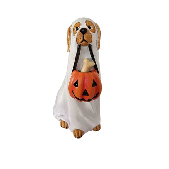 Halloween Ghost Dog Statue with Pumpkin Bucket and Bone – Cute Resin Puppy Figurine, Fall Indoor Tabletop Centerpiece Home Decor for Dog Lovers