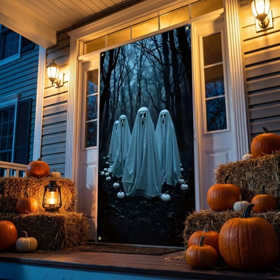Halloween Ghost Door Cover, Photo Booth Backdrop Door Curtain, Reusable Halloween Wall Hanging Decoration, Festive Ghost Door Decor for Halloween Party Home Decor, 35 X 72 in, B