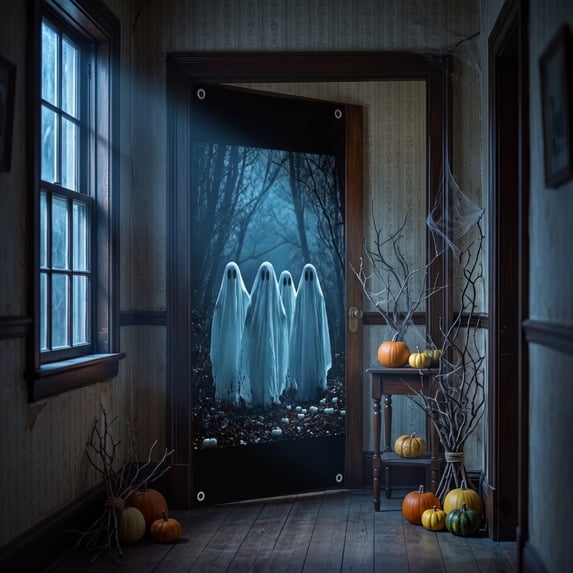 Halloween Ghost Door Cover, Spooky Halloween Door Curtain Wall Decor, Fabric Door Hanging Backdrop for Halloween Party, Scary Ghost Door Decor for Home Indoor Outdoor, 35 X 72 in, A