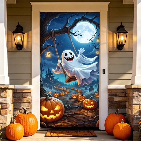 Halloween Ghost Door Curtain, Cute Spooky Fabric Doorway Hanging Arch, Porch Entryway Festive Decor Banner, for Porch Entry Halloween Home Decor
