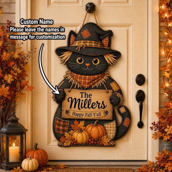 Halloween Ghost Door Hanger, Personalized Scarecrow Cat Wooden Plaque for Front Door, Fall Decor